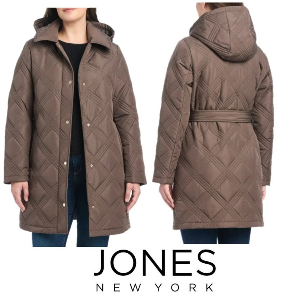 NWT Jones New York Women's Belted Quilt Jacket, Brown